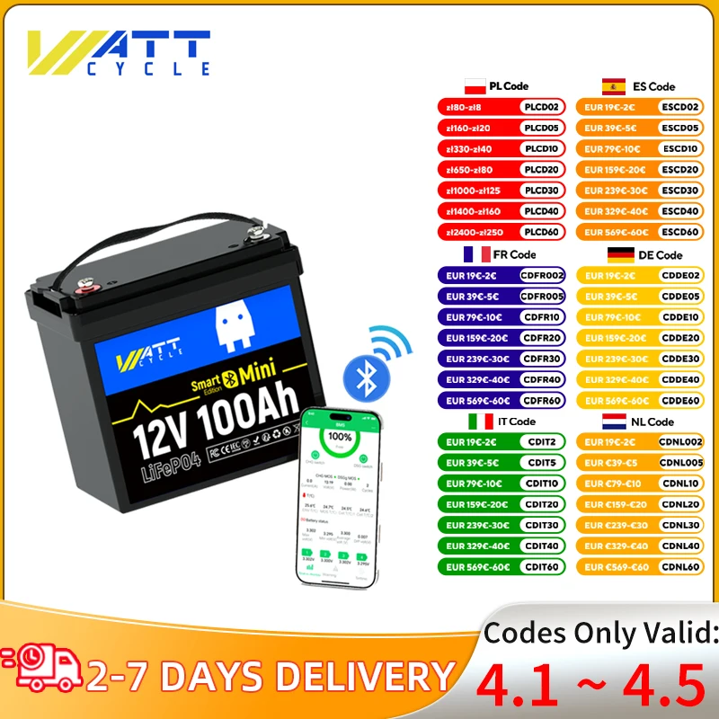 Wattcycle LiFePO4 Batteria 12V 100Ah Mini Bluetooth Ricaricabile Accumulo di energia domestica