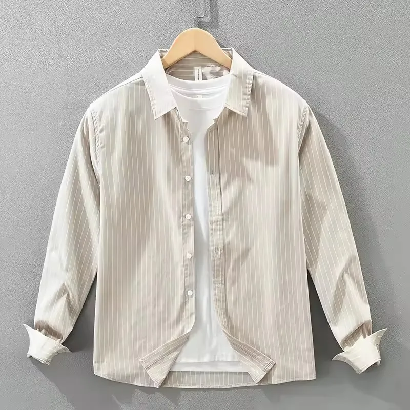 

2026, весенне-осенняя новая полосатая рубашка из 100% хлопка с длинными рукавами для мужчин, одежда, удобные топы с отложным воротником