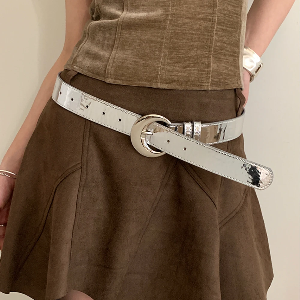 

New Mirror Metal Half Moon Silver Buckle High Quality Belt Versatile Simple Retro Women's Belt Jeans Pants Decorative Belt