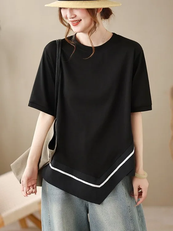 

Summer New plus Size Women's Casual Loose Short Sleeve round Neck T-Shirt Color Block Irregular Hemline Comfortable Top