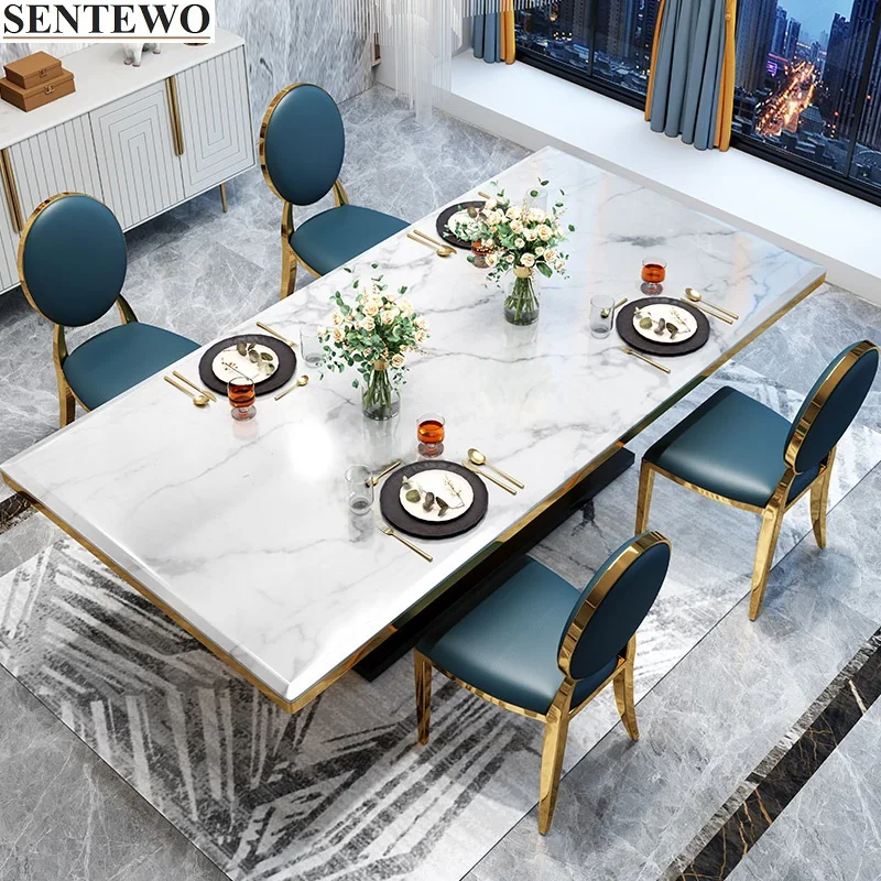 

SENTEWO Luxury Marble Dining Tables Dinning Chairs Set Metal Titanium Glaze Gold Frame Dinner Table Chair Set A Manger Ronde