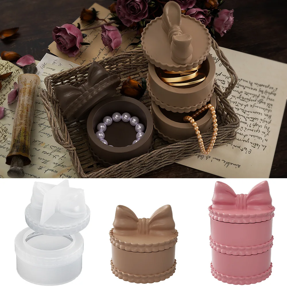 Storage Box Mold With Bowknot Lid Round Resin Box Molds Casting Silicone Mould DIY Gypsum Cement Moulds DIY Crafts