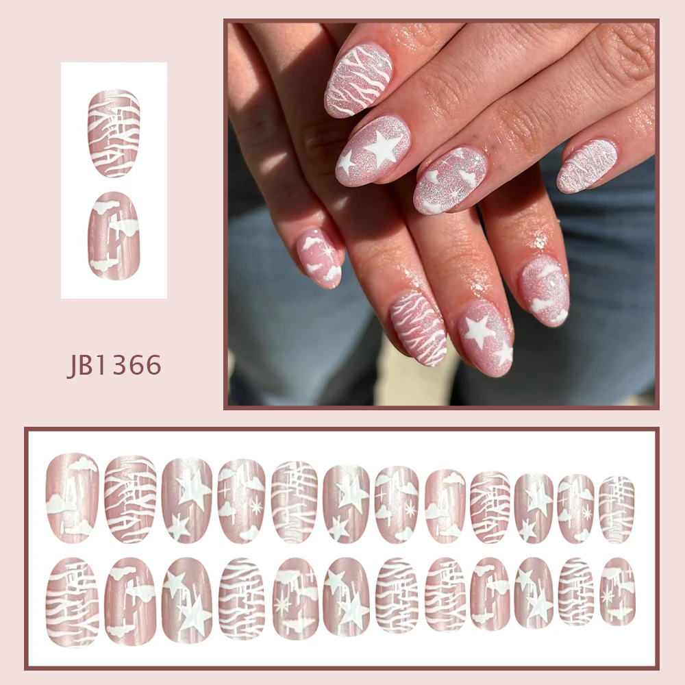 Y2K Aesthetic Press‑on Nails Short Oval Shape Sparkly Pink Glitter White Star Cloud Wavy Line Design Artificial Nails For Women