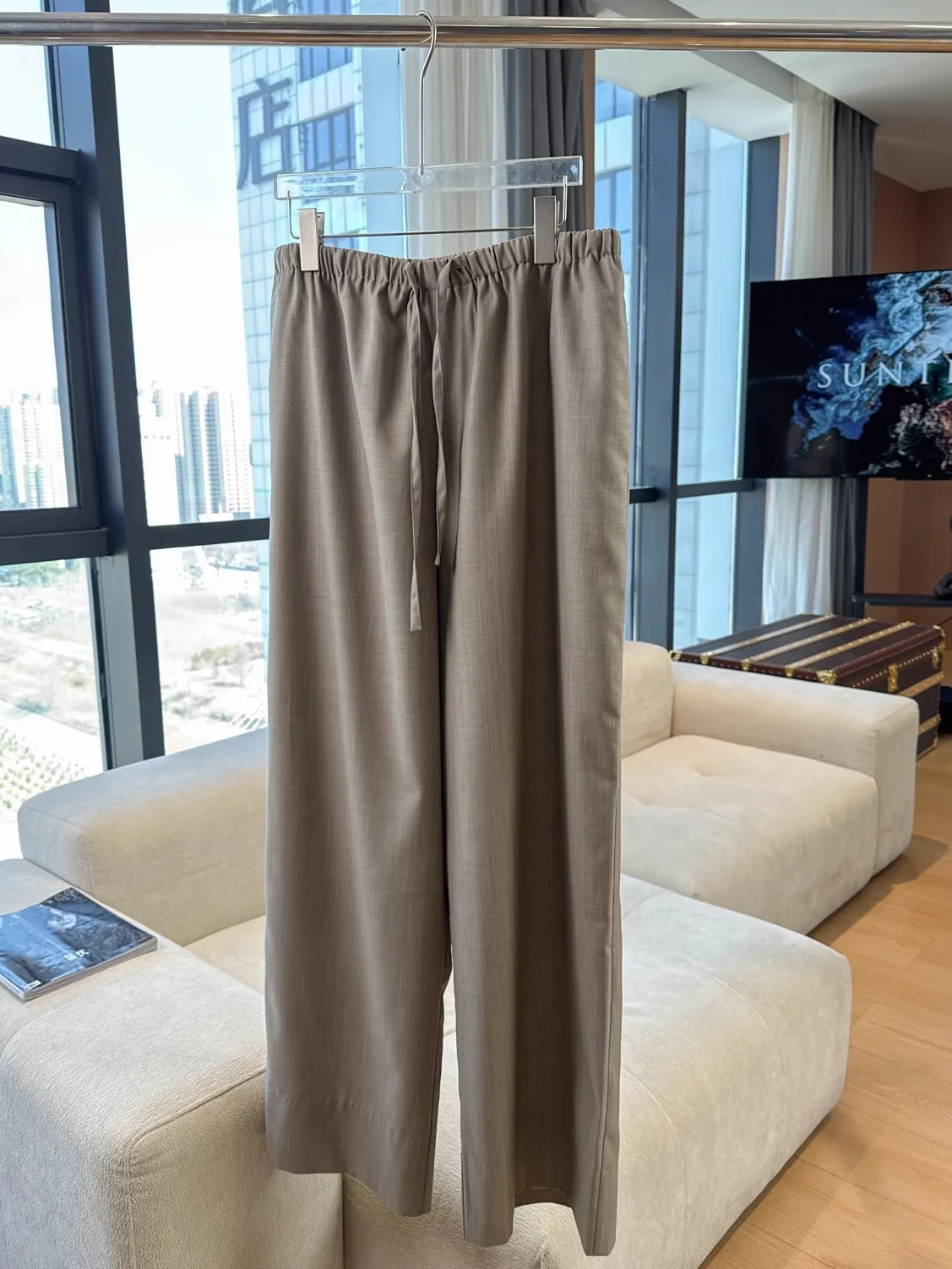 

Casual Wool Blend Men's Pants Drapey Dstring Straight Leg Trousers R0W Sle Polyester 70% Wool 30% Spring Autumn Wear