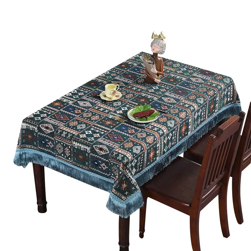 2024 Retro ethnic minority style table mat minority tassel embroidery light luxury rectangular art tablecloth skyblue