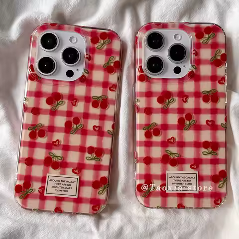 Cute Korean Girl Heart Cherry Phone Case for iPhone 15 16 17 Promax 12 13 Pro Mini 16 Plus Air Grid Pattern Silicone Cover Y2k