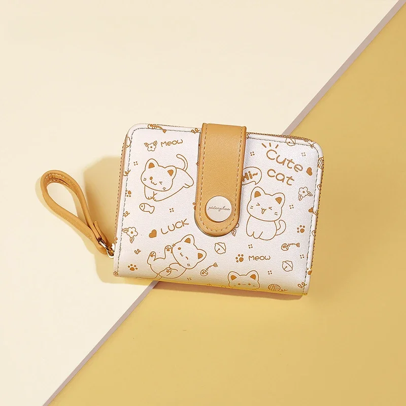 Nueva cartera japonesa con bonito gatito para mujer, tarjetero corto para identificación de estudiante, monedero con cremallera, cartera para mujer