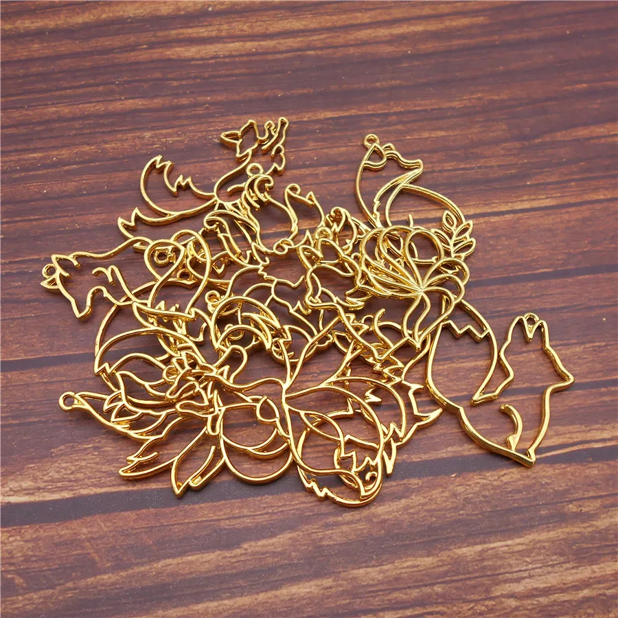 Julie Wang 10PCS Alloy Hollow Fox Charms Gold Color Open Bezel Frame Animal Mold For Resin Crafts Epoxy Jewelry Making Accessory