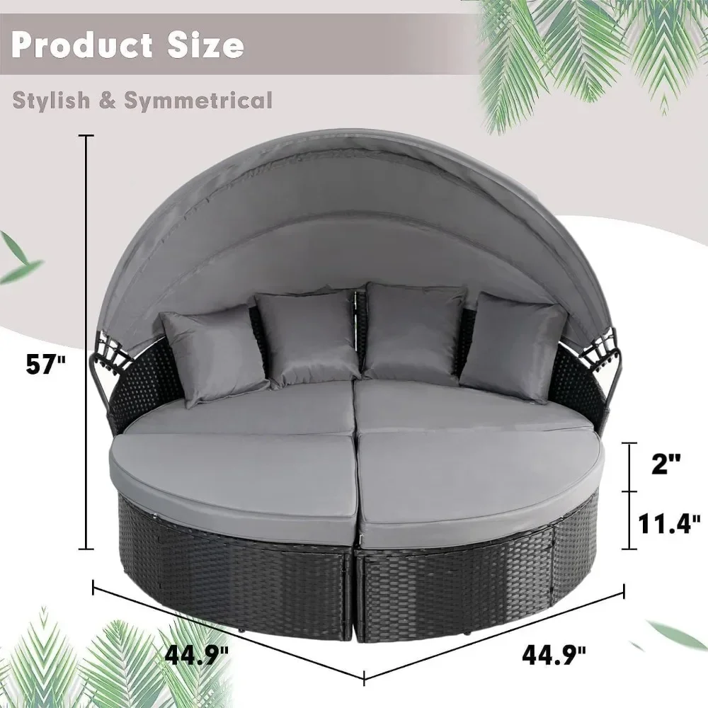 Outdoor Patio Canopy Bed Round Daybed with Washable Cushions, Clamshell Sectional Seating Wicker Furniture Furniture(Black)