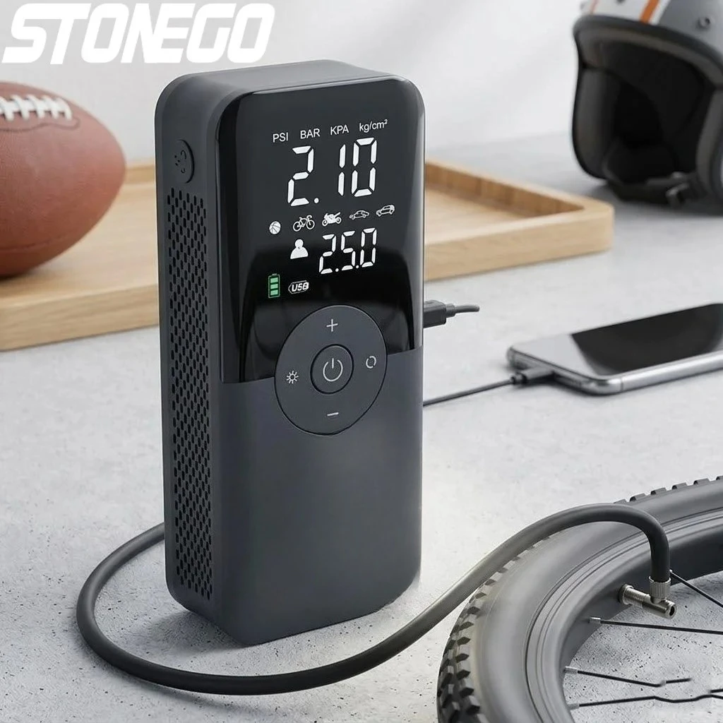 

Портативный беспроводной цифровой воздушный насос-компрессор с функцией подзарядки для автомобиля, мотоцикла, велосипеда, мячей Stonego