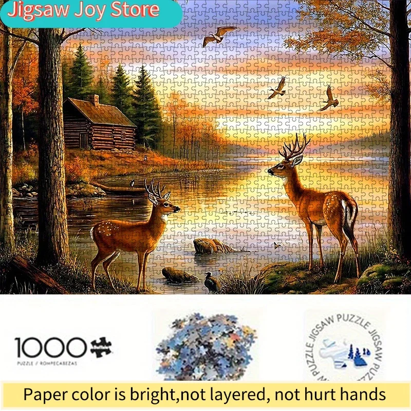 1000pcs DIY Paper Puzzle, Forest Lake Deer and Bird Sunset High-Quality White Card Material, Suitable for Parent-Youngsters Pu