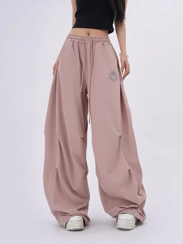 HOUZHOU Y2k Graphic Women Parachute Pants Pink Harajuku Hip Hop Style Oversized Trousers Pleated Wide Leg Pants Black Streetwear