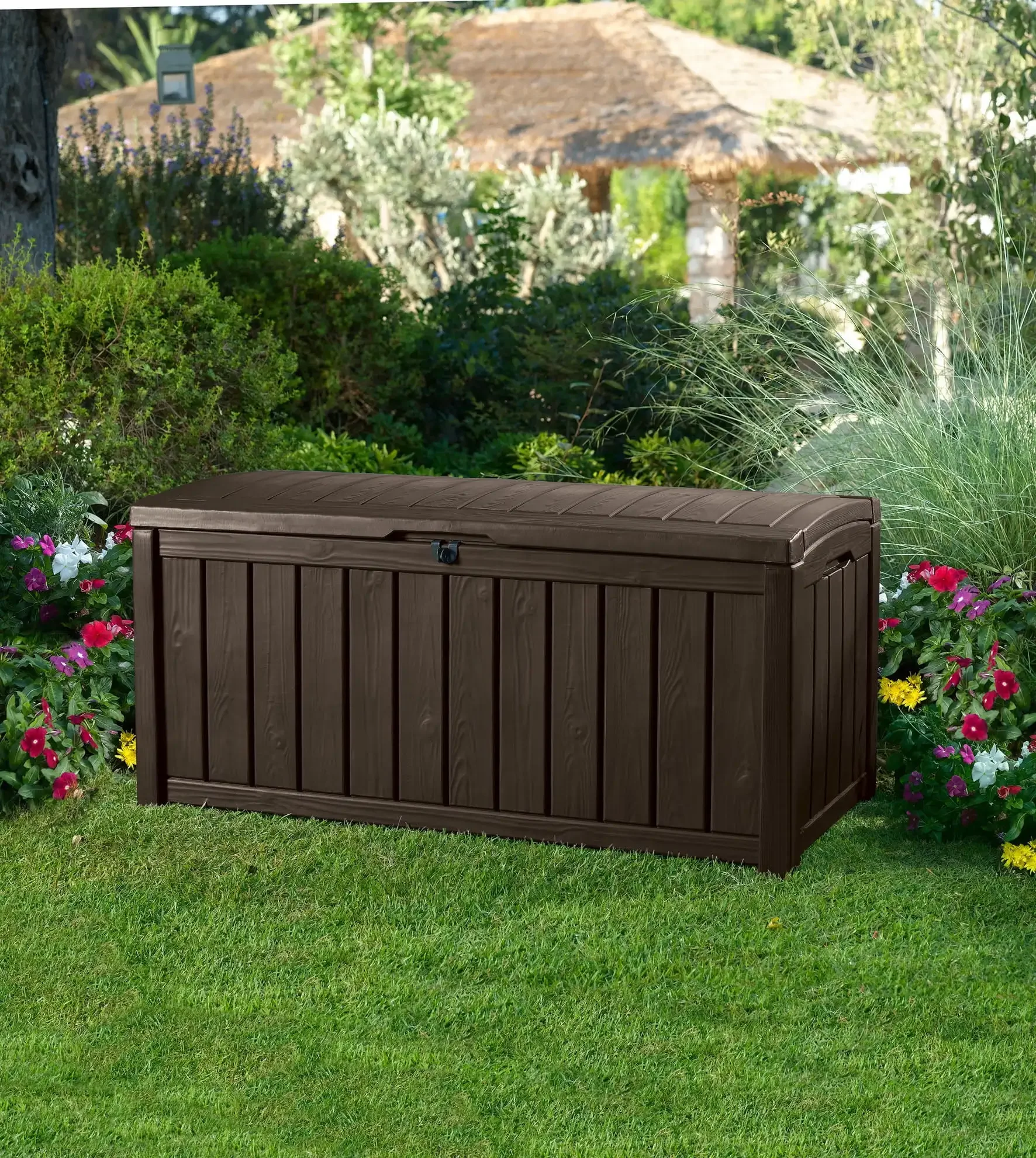 101 Gallon Durable Weatherproof Resin Deck Box Organization and Storage for Outdoor Patio and Lawn, Brown