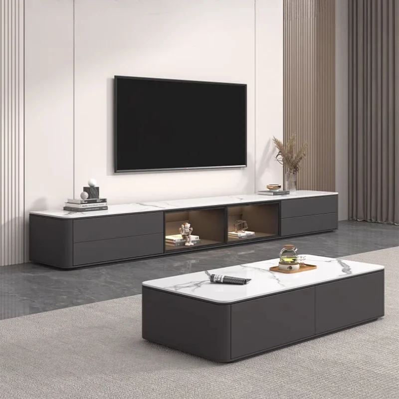 Rock Slab TV Cabinet Floor-to-ceiling Coffee Table Combination Modern Simple Household Luxury Living Room Small Apartment Wood