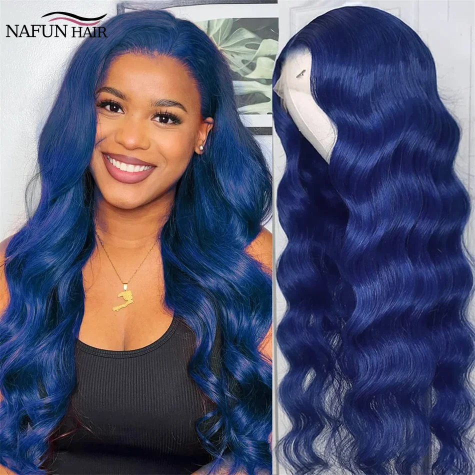 13x4 Dark Blue Lace Front Wig Human Hair Wigs Navy Blue Colored Transparent Body Wave Lace Frontal Wigs For Women Pre-Plucked