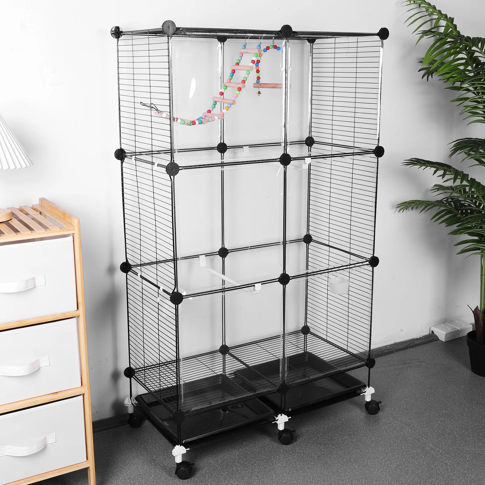 

Универсальная металлическая клетка для птиц с колесами, подставкой, поддоном, качелями и лестницей (черная)