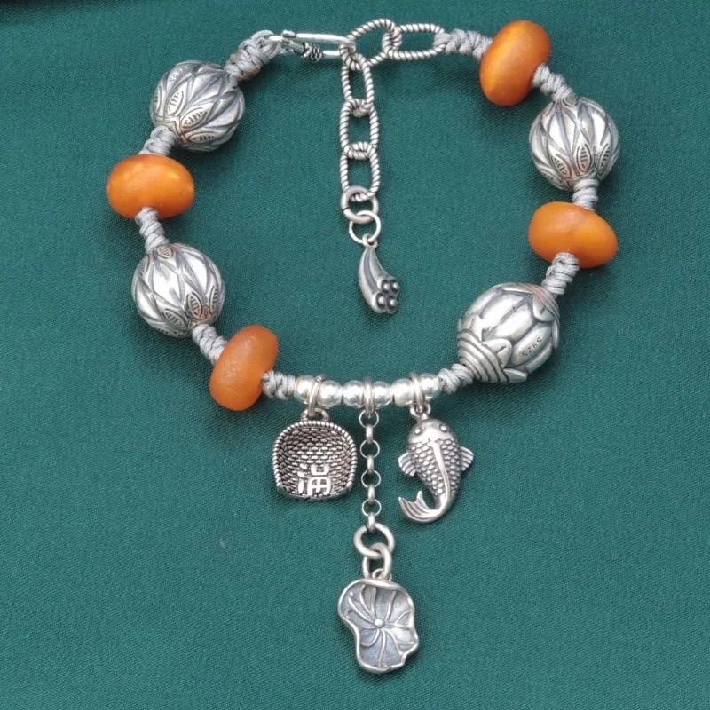 Original Design 925 Sterling Silver Melon Beads Bracelet Women Vintage Ethnic Style Beewax Amber Charms Bracelets Handmade SL107