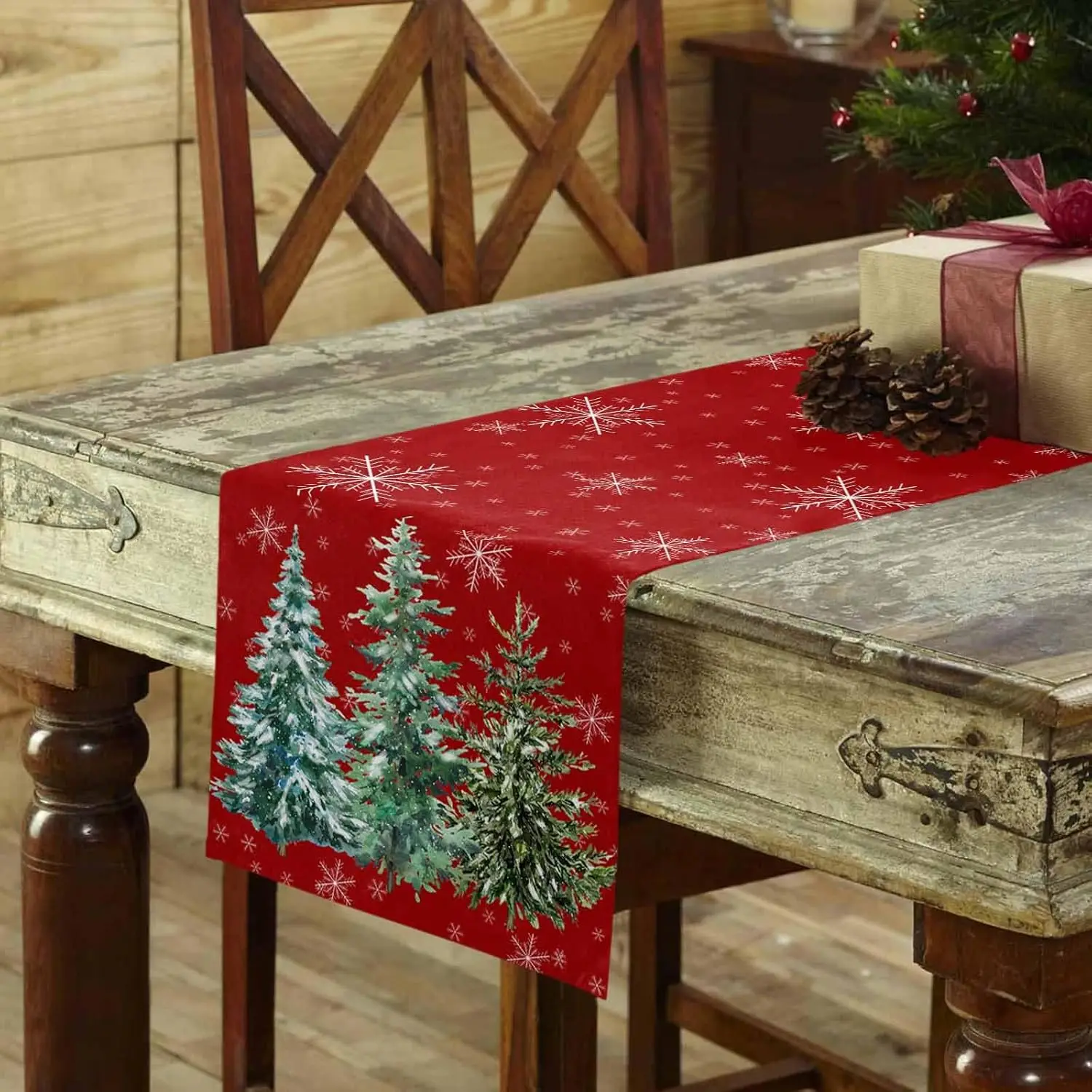 Christmas Green Pine Tree Linen Table Runner Party Decor Reusable Winter Xmas Kitchen Dining Table Runner Christmas Decorations
