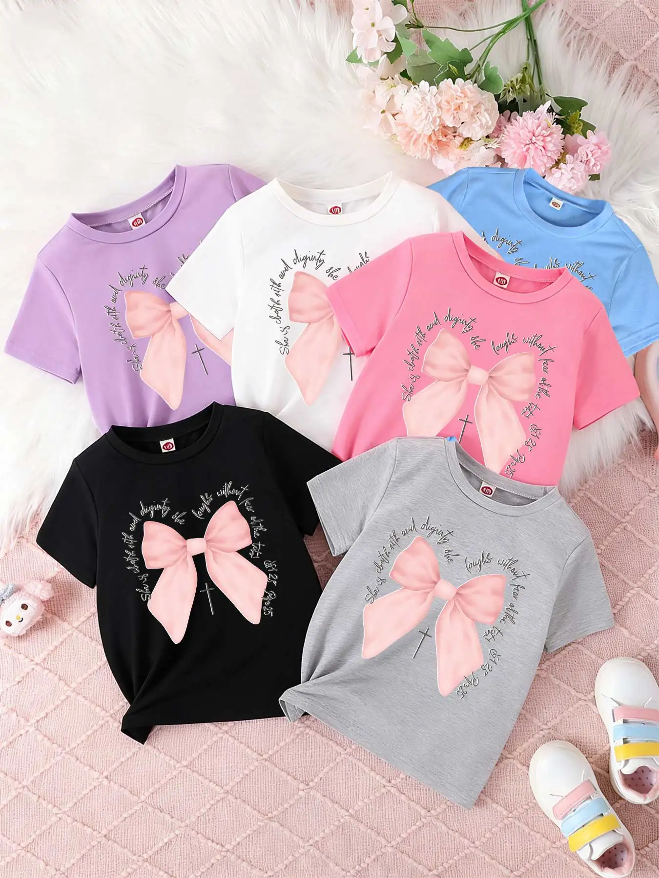 

Children's short-sleeved T-shirts for boys and girls, loose and breathable,pink bow, bible verse, proverbs 31, christian bow