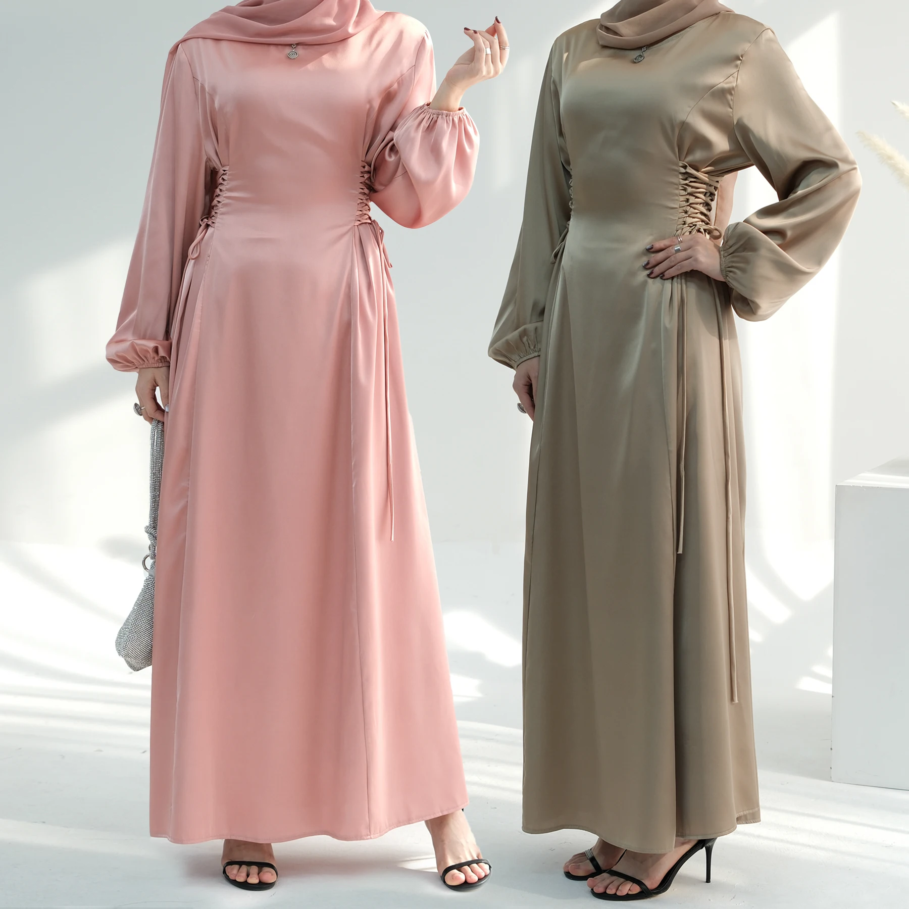 Elegant Dubai Turkish Abayas For Women 2024 Muslim Dress Slim Waist With Bandage Caftan Solid Pink Black Blue Green LR702