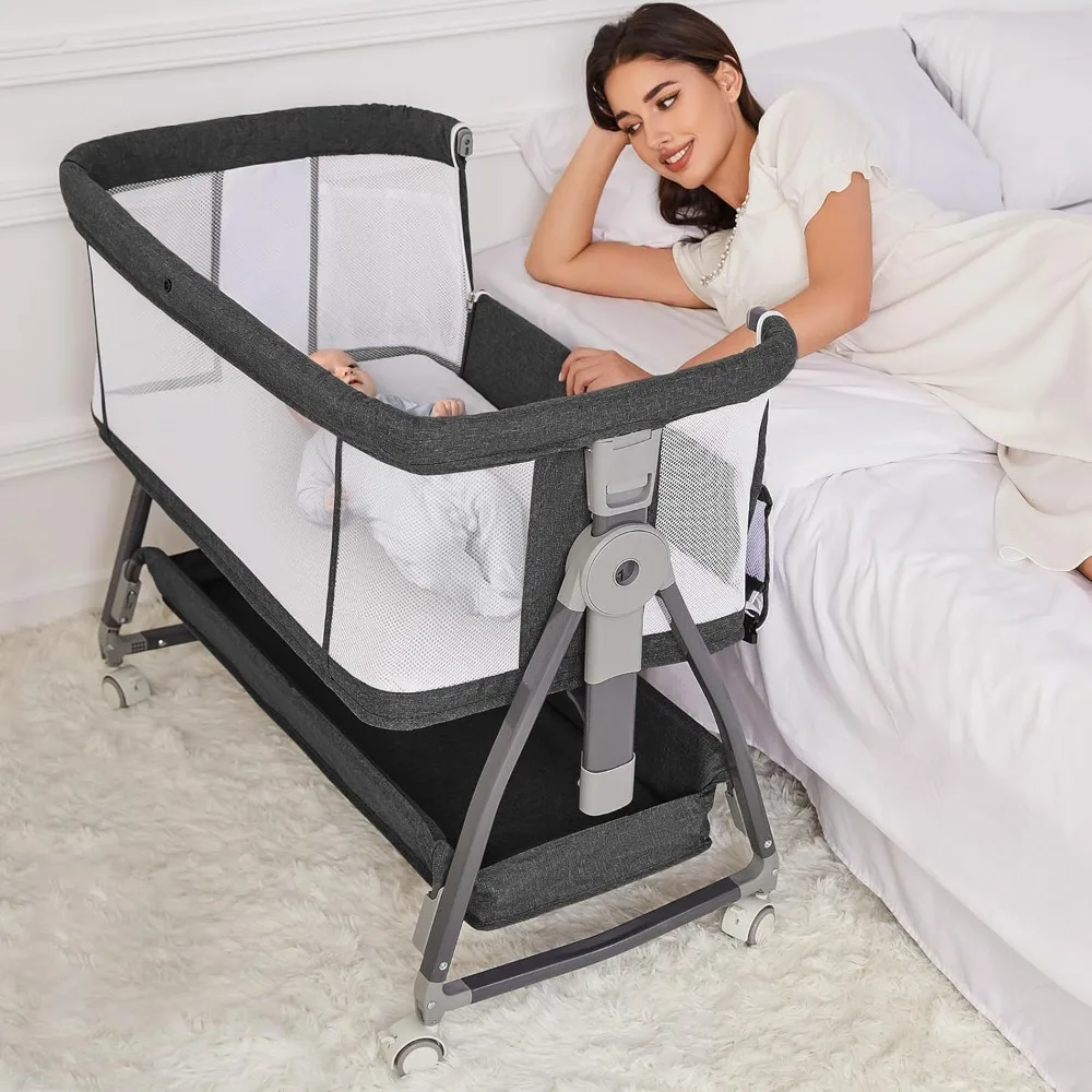 

Bedside Bassinet for Baby, Adjustable Newborn Bassinet with Wheels, Storage Basket, Mattress, Easy to Assemble & Portable Foldin