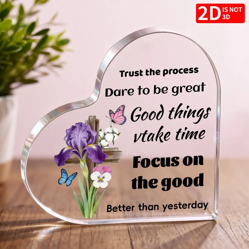 CIFBUY Acrylic Heart Desk Decor Trust The Process 2D Plaque Inspirational Cross Iris Butterfly Ornament Office Stress Relief