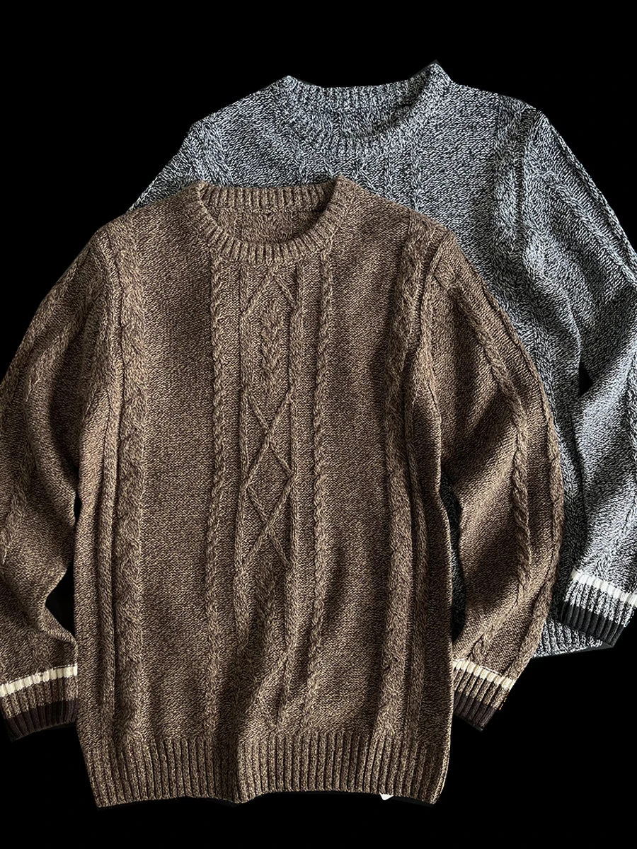 

Wool Blend Knitted Twist Flower Sweater Men's Casual Vintage Style Loose Fit Base Shirt Spring Autumn round Neck Knitwear