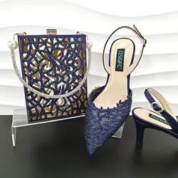 QSGFC Nigeria Popular Navy Mesh And Hollow Design With The Same Color Small Rhinestones Fashion Party Ladies Shoes And Bag