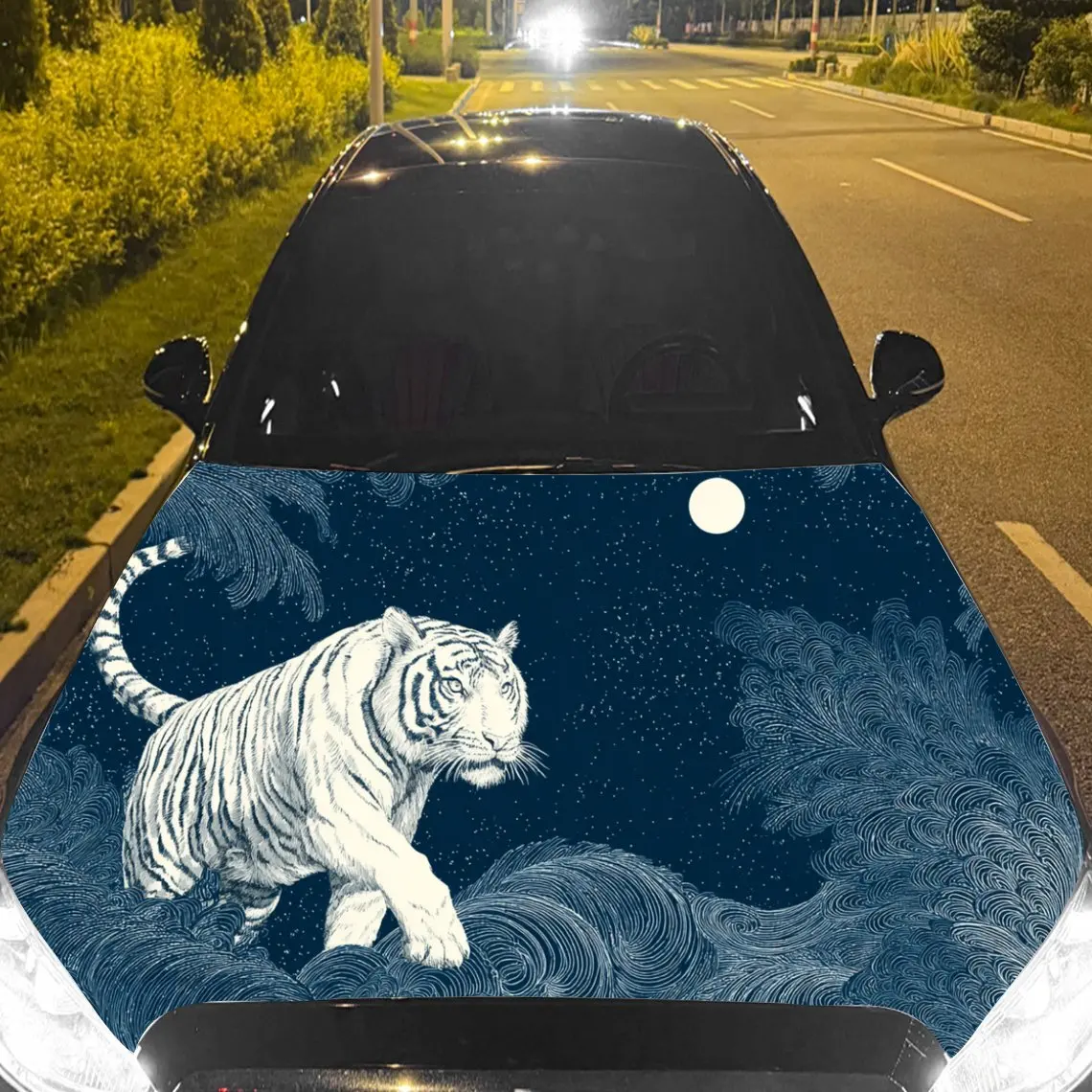 

Car Decal White Tiger with Navy Blue Wave Artistic Background & Ferocious-Oriental Aesthetic Car Hood Sticker, Waterproof Self -