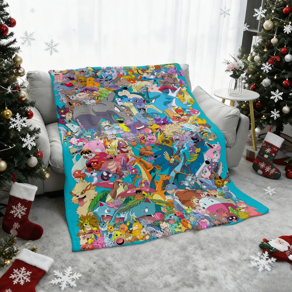 Pokemon Pikachu Gengar Bulbasaur Charmander Squirtle Psyduck Flannel Throw Blanket Soft Warm Blanket for Sofa Bed Home Decor Gif