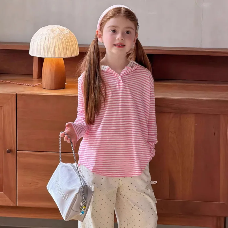 26 Spring Summer Girl Hood SweatShirt New Daily Base Stripe Children Sunscreen T-Shirt Baby Lace Cotton Top 2-14 Years Outfit