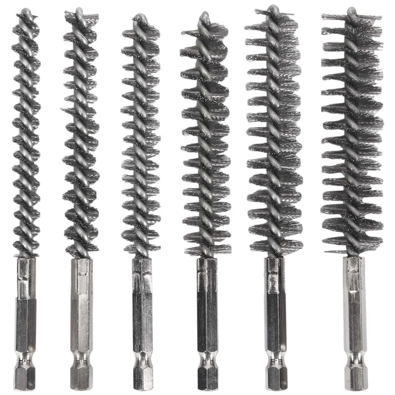 F-T Bore Brush Stainless Steel Bristles Wire Brush For Power Drill Cleaning Wire Brush With Hex Shank Handle 6 Pieces