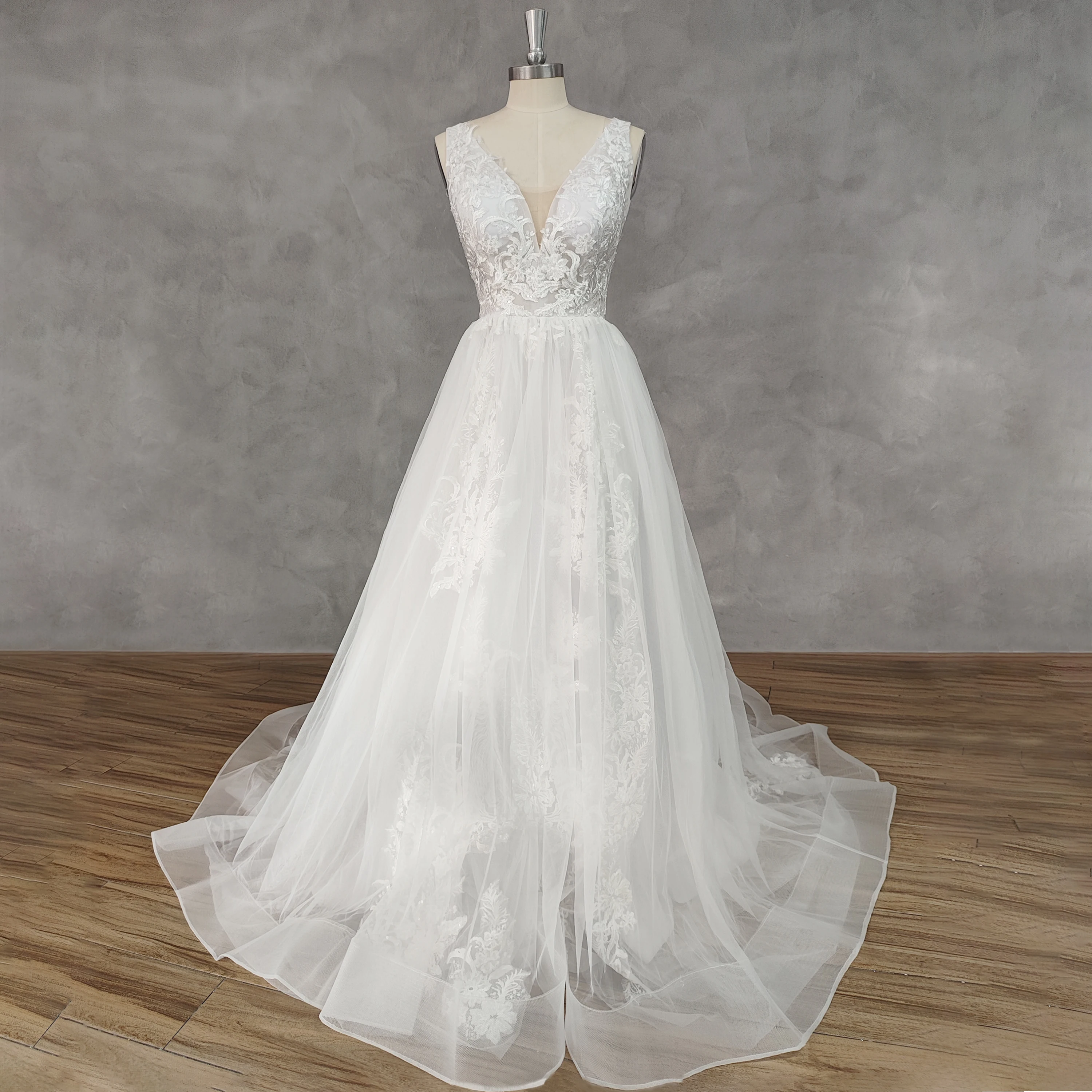 DIDEYTTAWL Real Picture V-Neck Appliques A-Line Tulle Wedding Dress Button Back Court Train Bridal Gown Custom Made