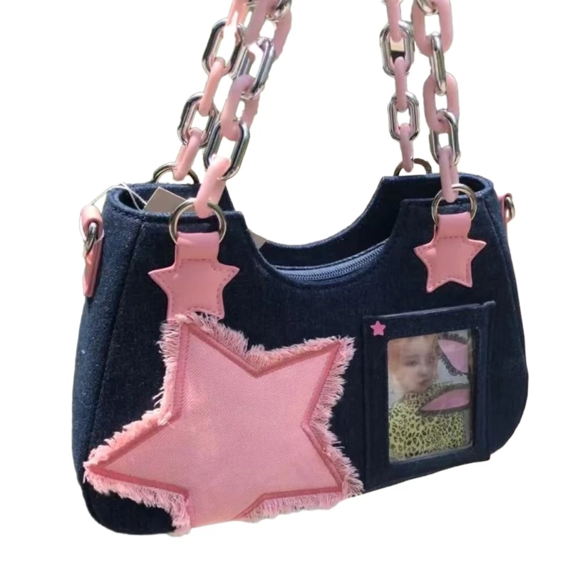 

Vintage Y2k Chain Bag Purses Fashion Shoulder Bag Unique Underarm Bag Star Tote Handbag Commute Bag Denims Small Bag 517D