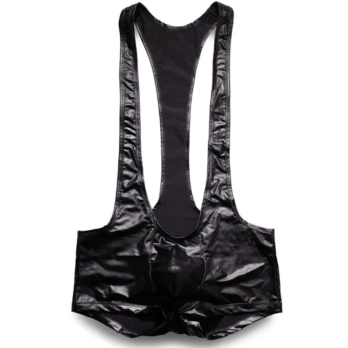 Men Faux Leather Suspender Bodysuit Shiny Patent Leather U Pouch Singlet Boxer Jumpsuit Tight Bodycon Sexy Club Stage Underwear