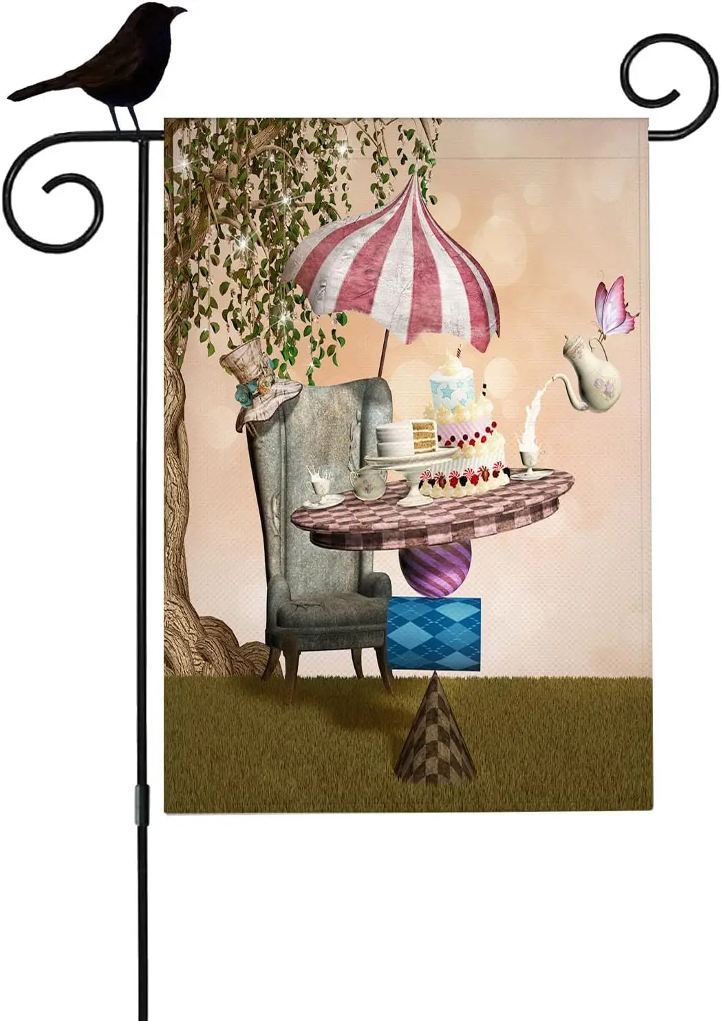 Mugod Mad Hatter Banquet Garden Flag 12.5x18 Inch Double Sided Outside, Green Grass Fairy Tree Chair Tea Cake Home Yard Flags fo