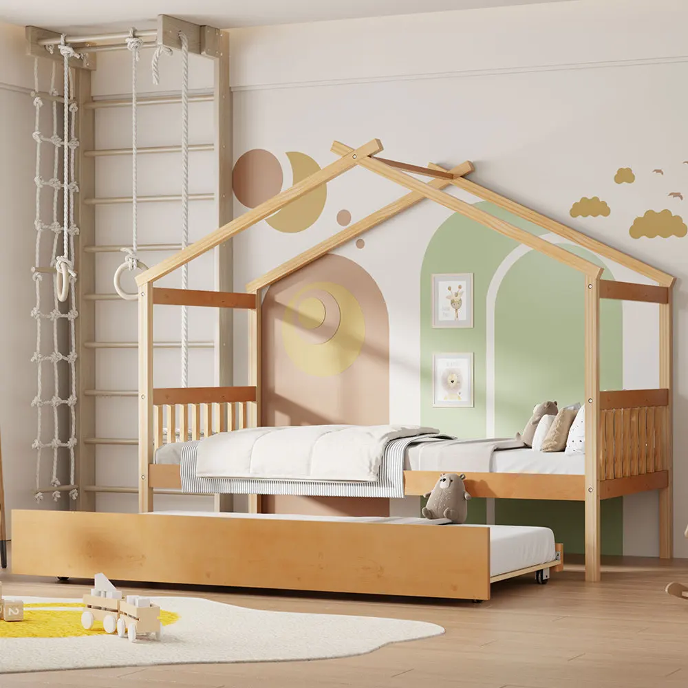 

Twin Size Wooden House Bed with Twin Size Trundle, Natural(OLD SKU:WF300800AAN)