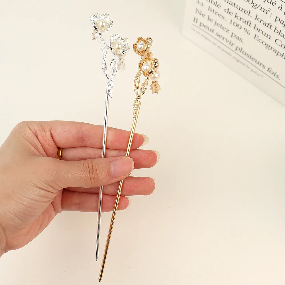 Chinese Ancient Flower Pearl Tassel Hairpin Hair Stick for Women 2022 Vintage Metal Hair Chopstick Hanfu Hair Accessories