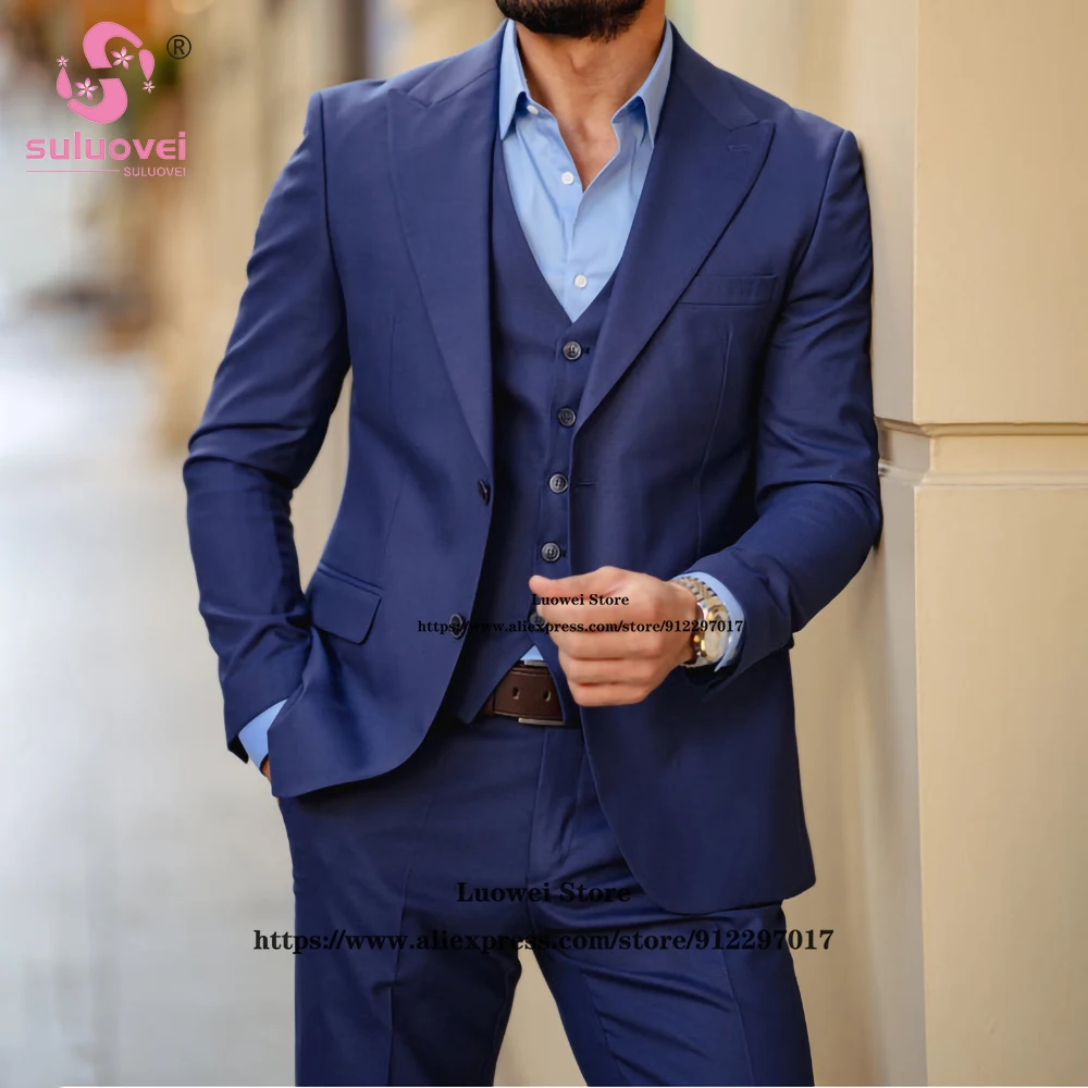 Fashion Casual Suit For Men Slim Fit 3 Piece Jacket Vest Pants Set Male Business Blazer Formal Groom Wedding Peaked Lapel Tuxedo