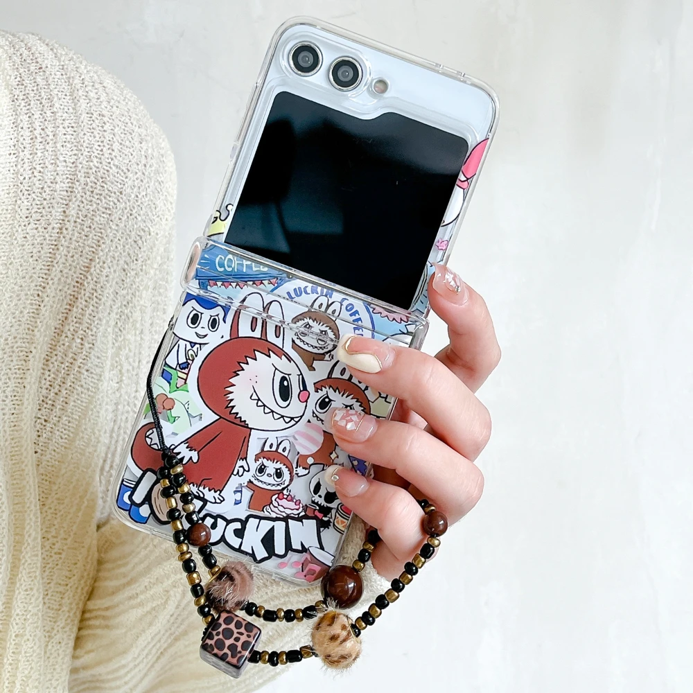 Fashion Clear Cartoon Cute Labubu Rabbit Fold With Bracelet Phone Case For Samsung Z Flip 5 4 3 6 Hard Shockproof Back Cover