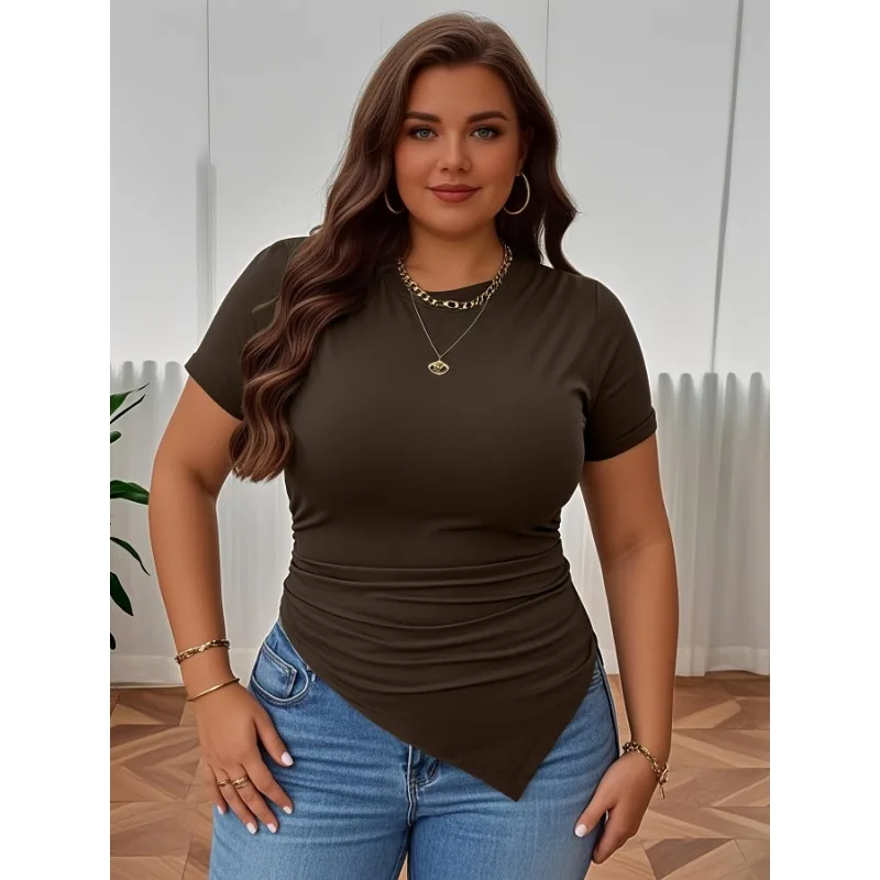 Plus Size New Women's Clothing Ins Minimalist Style Round Neck T-shirt Slim Fit Temperament Solid Color Top Blouses Woman image 3