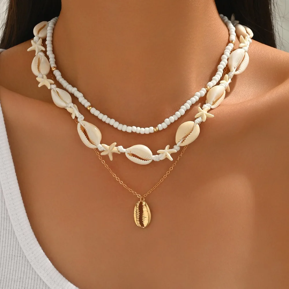 3pcs Set Fashion Boho Hand-Strung Natural Cowrie Shell Starfish Mini Bead Stack Necklace for Women Beach Vacation Jewelry Sets