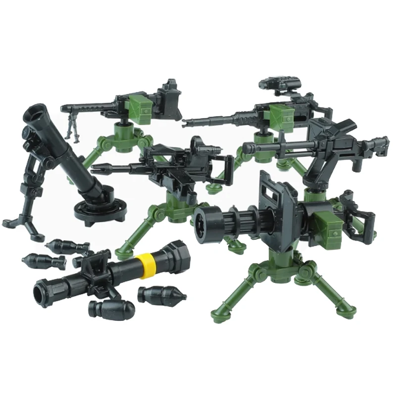 WWII Military Weapon Set Accessories Building Blocks Machine Gun Gatling Mortar Rocket Cannon Oil Drum Weapon Box Boy Bricks Toy