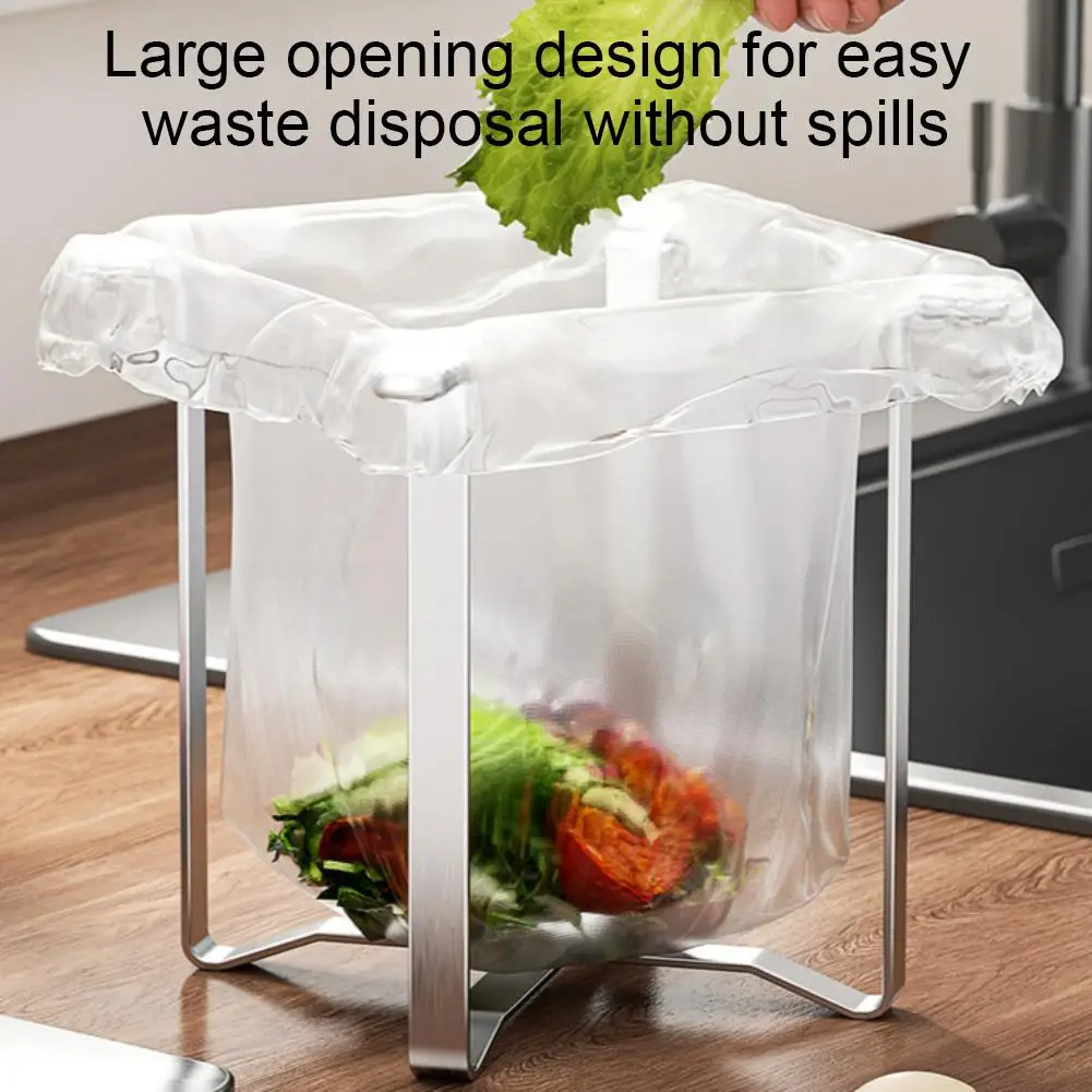 Stainless Steel Trash Bag Holder Folding Support Frame Kitchen Countertop Garbage Bag Stand & Organizer Waste Storage Stand