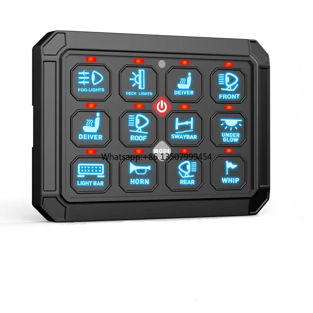 12 Gang Push Button Switch Panel Kits, 7 Color RGB Switch Panel Kits with Customizable Labels and 12V LED Backlit for Cars