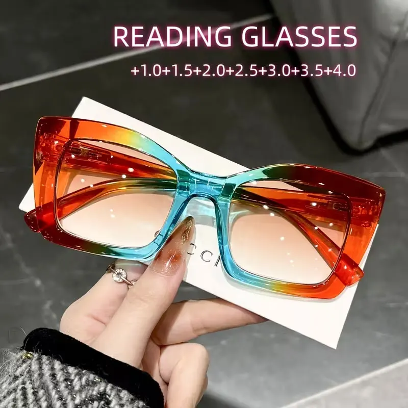 1 Pair of Fashionable Classic Square Pc Spring-Loaded Progressive Color-Changing Trendy High-Definition Reading Glasses, Lightweight and Portable, Suitable for Daily Use at Home, Office, or When Going Out, Available in Prescriptions from +1.0 to +4.0