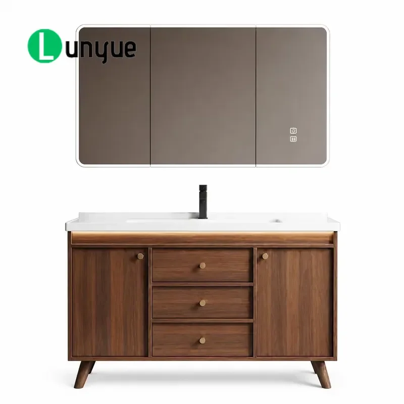 Walnut Freestanding Bathroom Vanity Set with LED Mirror Cabinet and Ceramic Sink Modern Storage Furniture for Home Bath