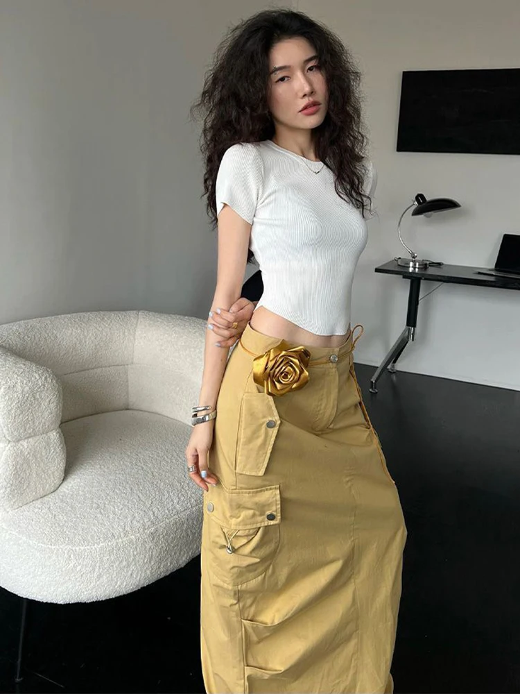 2024 Summer New Arrival Big Pockets Vintage Skirts Korean Fashion Zipper Long Skirt Women Casual A- line High Waist Skirt