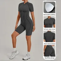 New Women's Yoga Jumpsuit Sports Fitness Hip Lift Half-zipper Shorts One-piece Running Casual Pilates Workout Gym Yoga Bodysuit - Image 4