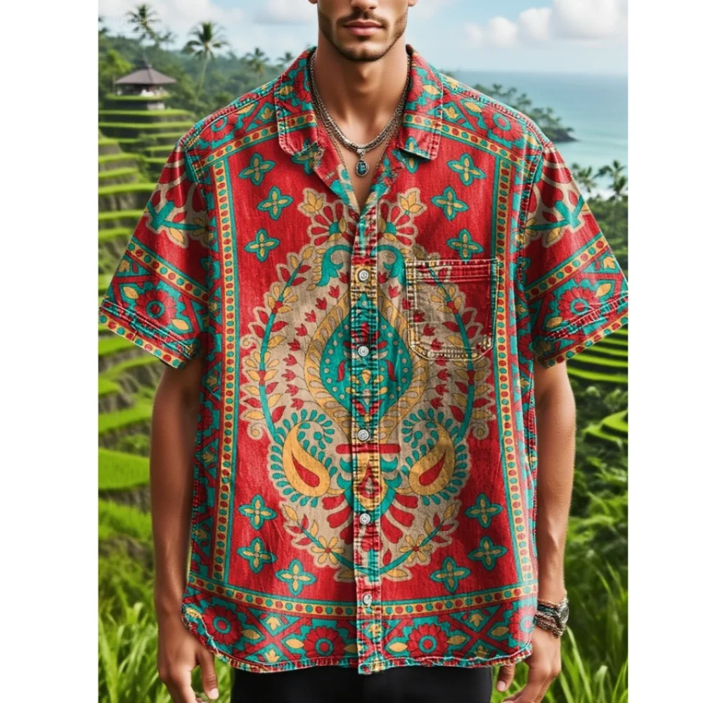 

Fashionable pattern men's short sleeved shirt printed shirt with ethnic style unique copywriting linen men's shirt